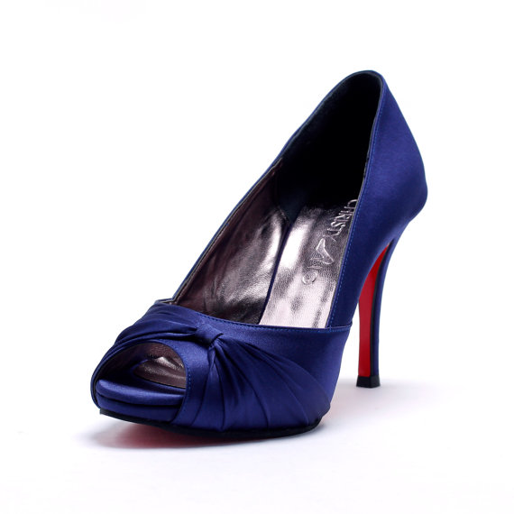 زفاف - Custom Made Dark Blue Satin High Peep Toe Pumps. Blue Satin Bridal Heels. Blue Wedding Shoes with Red Sole. Custom Made  Shoes with Red Sole