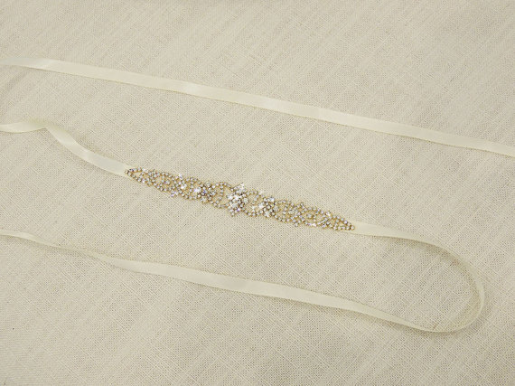 Mariage - PARI -Gold  Wedding Dress Belt Sash, Bridal Gown Rhinestone Belt Sash ,bridal sash , gold thin sash belt