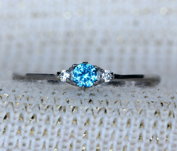 زفاف - Natural Aquamarine and White Sapphire 3 stone Trilogy Ring in White Gold or Titanium  - engagement ring - handmade ring