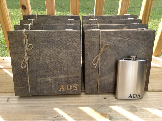 Wedding - Groomsmen Gift Set of 7 Engraved Cigar Box and Liquor Flask Gift Set Personalized Engraved Wooden Cigar Box