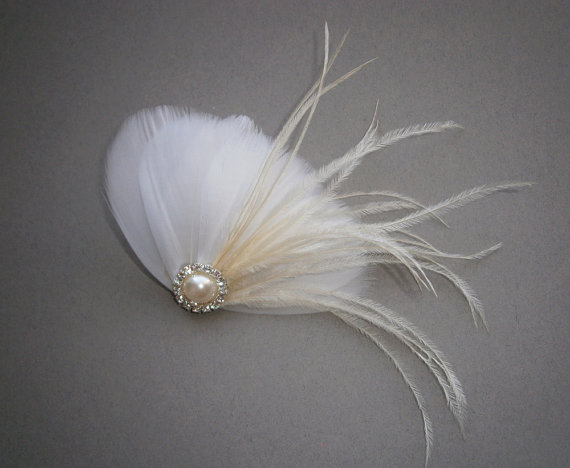زفاف - Ivory, feather, white, Weddings, hair, accessory, facinator, Bridal, Fascinators, Bride, veil - IVORY FAN