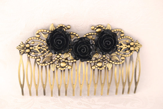 Свадьба - Vintage Inspired Filigree Black Rose Flower Hair Comb Wedding Hair Accessories Wedding parties
