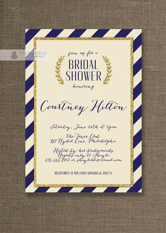 Mariage - Navy & Gold Bridal Shower Invitation Gold Glitter Ivory Stripes Wedding Script Modern FREE PRIORITY SHIPPING or DiY Printable - Courtney