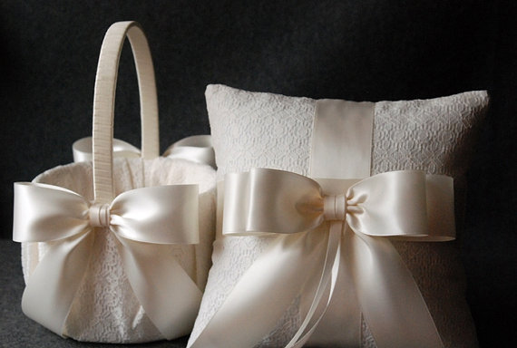 Hochzeit - Wedding Ring Pillow and Flower Girl Basket Set - Light Ivory with Satin Bows - Katherine