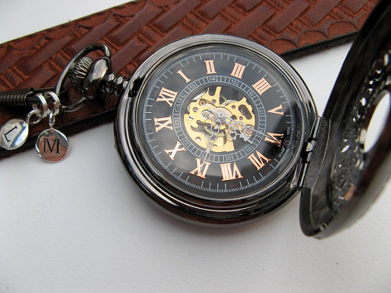 زفاف - Personalized Black Mechanical Pocket Watch, Watch Chain, 2 Silver Letter Charms - Groomsmen Gift - Item MPW704-SSPC