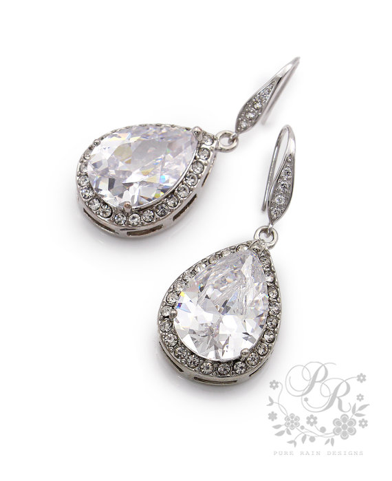 Wedding - Wedding Earrings Rhinestone Sterling silver Ear hook Zirconia pendant Earrings Wedding Jewelry Bridesmaid Wedding accessories ST178