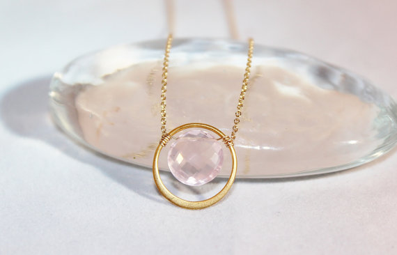 Hochzeit - Pink Amethyst Gold Vermeil Circle Pendant Necklace - Bridal Jewelry - Bridesmaids gifts