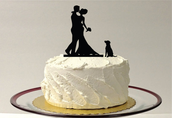 Hochzeit - INCLUDE YOUR DOG + Bride + Groom Silhouette Wedding Cake Topper Dog Pet Family of 3 Wedding Cake Topper Bride and Groom Cake Topper