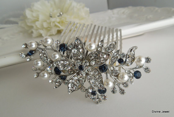 Свадьба - Blue Swarovski Crystal and Pearl Wedding Comb,Wedding Hair Accessories,Vintage Style Flower and Leaf Rhinestone Bridal Hair Comb,Pearl,KATY