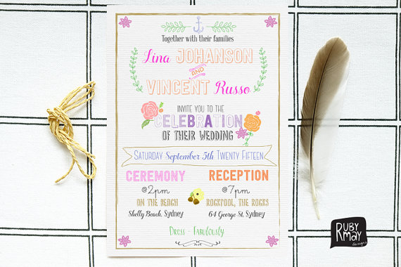Wedding - Typography Wedding Invitation, Colourful Wedding - digital or printed - modern, doodles, illustrations, wreath, love heart, arrows, laurels