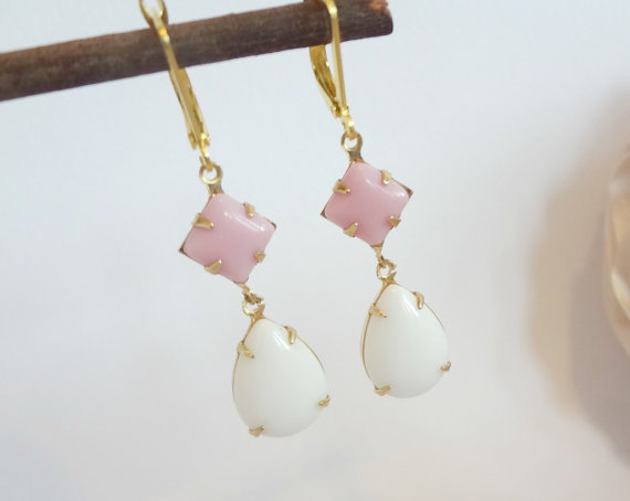 Wedding - Milky Teardrop Earrings / Soft Pink and White / Glass Beads / Bridal Jewelry / Gift for Mother / Prong Set / 1 pair / Item E7