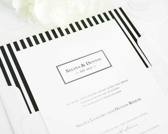 زفاف - Striped Wedding Invitation - Preppy, Stripes, White, Black, Classic - Boxed Monogram Wedding Invitation  - Deposit to Get Started