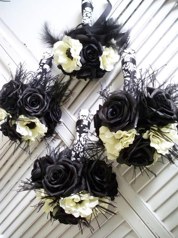 Hochzeit - Black Magic Silk Rose and Silk Anemone Black feather  Damask Bridal and Bridemaids Bouquet Set