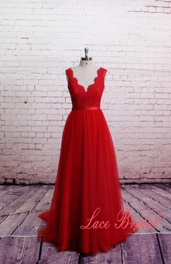 Свадьба - Classic Lace Evening Dress, Brush Train Prom Dress , A-line Red Bridesmaid Dress, Sweetheart Party Dress