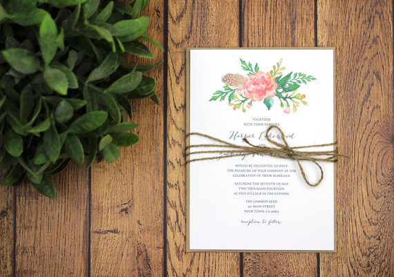 Hochzeit - Rustic Modern Wedding Invitation and RSVP Template-  Watercolor, floral, garden, backyard, DIY home, Prints, Printed Wedding Invites (1080)