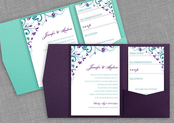 Свадьба - Pocket Wedding Invitation Template Set - Instant DOWNLOAD - EDITABLE TEXT - Chic Bouquet (Jade & Purple / Plum)  - Microsoft Word Format