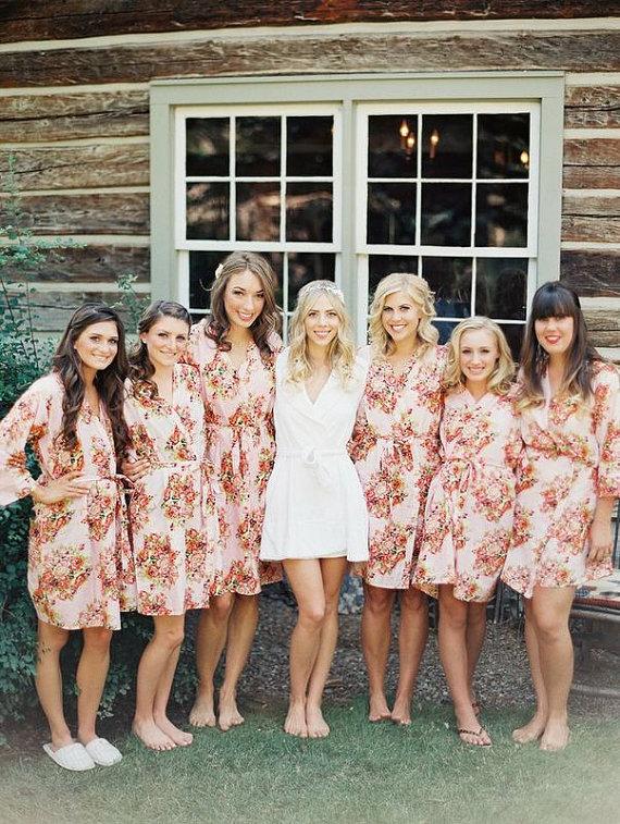Wedding - Pink Bridesmaids Robes, Kimono Crossover Robes, Spa Wraps, Bridesmaids gift, getting ready robes, Bridal shower party favors, Floral