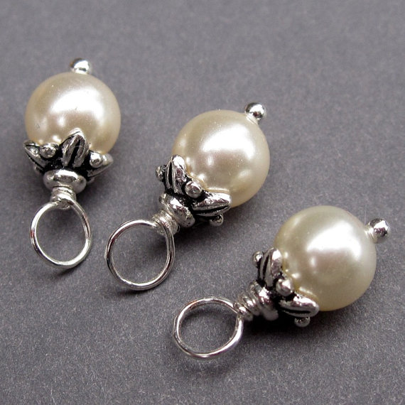 Wedding - Cream Swarovski Crystal Pearls Wire Wrapped Dangles Charms with Flower Bead Caps 6mm