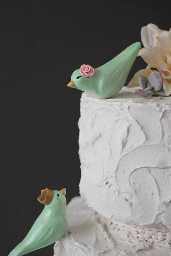 Hochzeit - Mint Green Lovebirds with Crowns - Custom Birds Wedding Cake Toppers