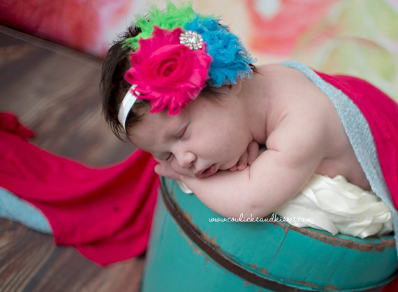 Mariage - Blue pink headband turquoise hot pink green shabby flowers with rhinestone on elastic headband baby toddler child women wedding flower girl 
