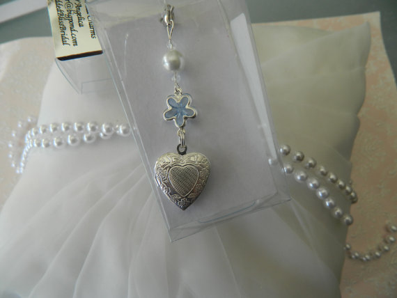 زفاف - Wedding bouquet charm - Photo locket - something blue- keepsake boxed