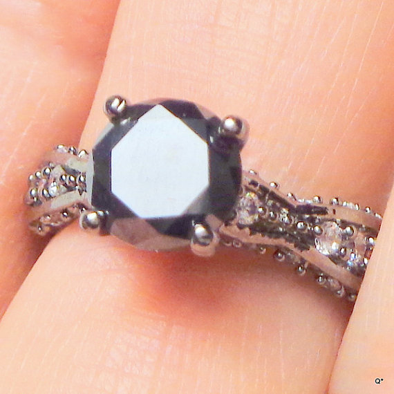 Wedding - Genuine Black Moissanite Diamond Ring, Exotic Stone, Estate Ring, Promise Ring, Engagement Ring, Black Stone,Vintage Estate Jewelry