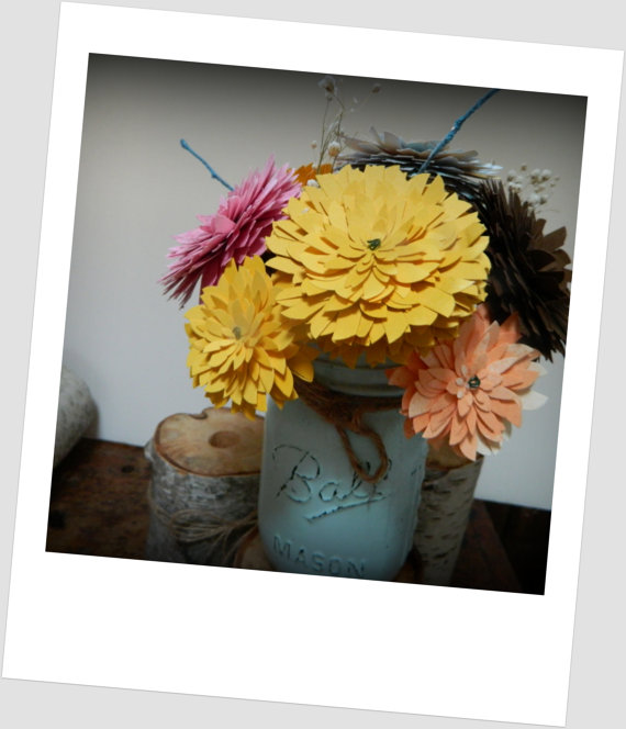Hochzeit - Dahlias - Autumn Bouquet - Mason Jar  Paper bouquet - RUSTIC WEDDING