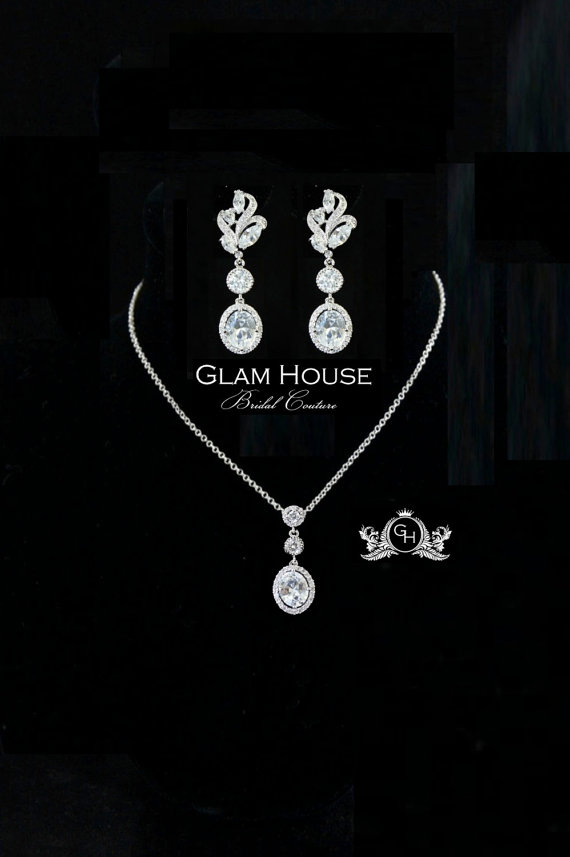 Hochzeit - Wedding bridal jewelry set , cubic zirconia necklace