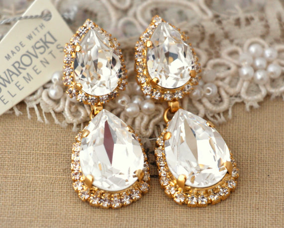 Hochzeit - Clear white Chandelier earrings Statement  Drop earrings rhinestone jewelry - 14 k Gold plated gold. Bridal earrings, wedding jewelry.