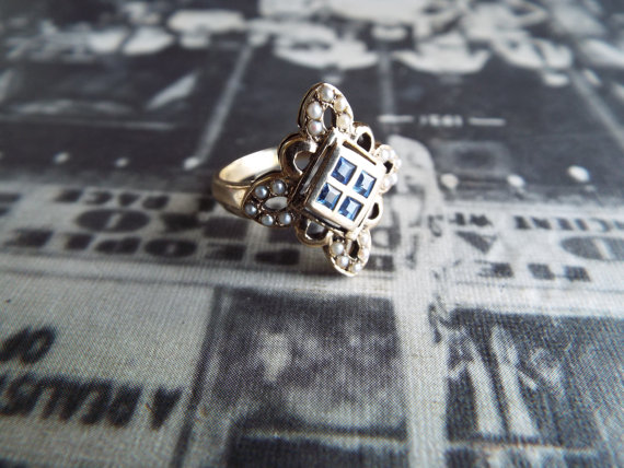 Wedding - Vintage Gold Ring/Seed Pearl Ring/Sapphire Ring/Gold Pearl Ring/Size 6 Gold Ring/Engagement Ring/Wedding Ring