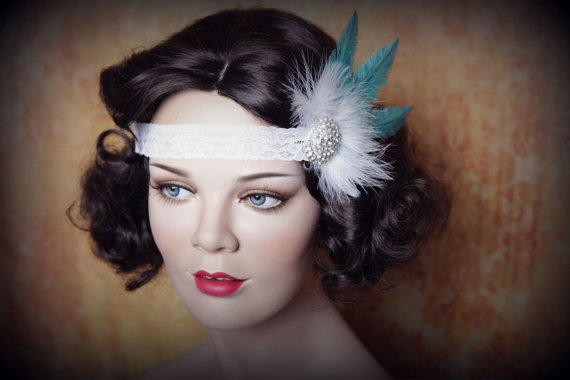 Wedding - Flapper Headband-Feather Headband-1920's-Gatsby Party- Wedding- Rhinestone with feather Accents