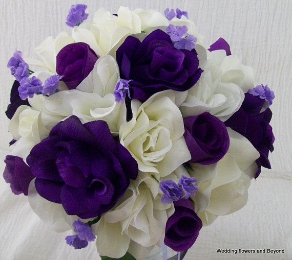 Hochzeit - MaDe To ORDeR MaNY CoLoR oPTioNS aVaiLaBLe 11 pieces Brides on a Budget Flower Package WeDDiNG BouQuets PuRPLe and IVoRY RoSeS