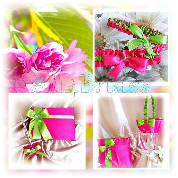 Hochzeit - Hot pink and green ring bearer pillow, flower girl basket, bridal garters wedding guest book and pen set.