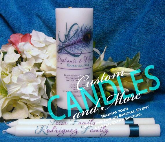Mariage - Unity Candle With Tapers Personalized Peacock Monogram Design