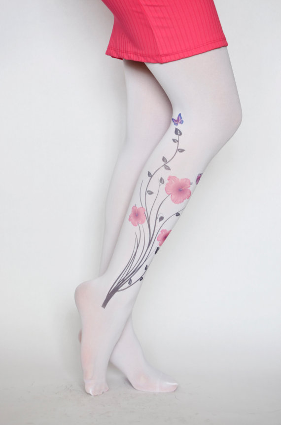 زفاف - Flowers White Tights,Trend Leggings,Opaque Hand Printed Tights