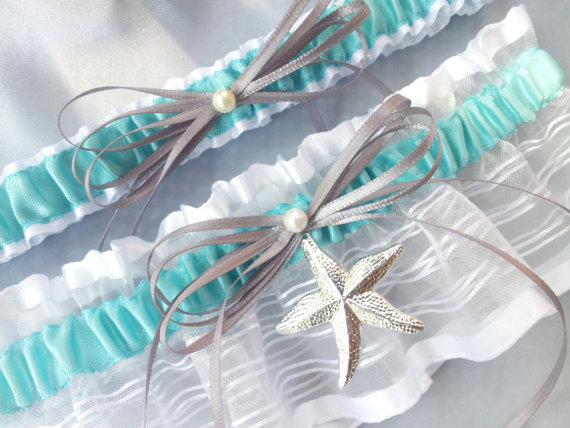 Hochzeit - Tiffany Blue Beach Wedding Garter Starfish Garter Set White Sheer Organza Charcoal Grey Satin Wedding Bridal