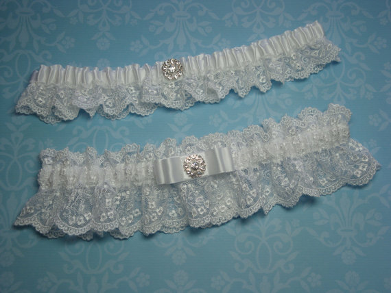 Hochzeit - White French Lace Garter Wedding Set