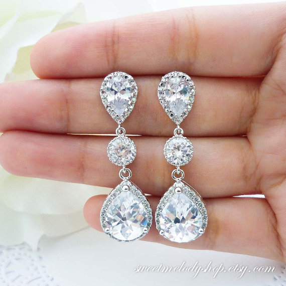 زفاف - Wedding Jewelry Bridesmaid Gift Bridal Jewelry Bridesmaid Earrings Clear White LUX (L) Cubic Zirconia Teardrop Earrings Dangle Earrings