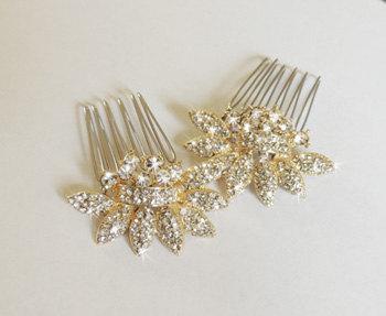 زفاف - Lydia - Gold Bridal hair comb - Two small vintage style crystal Hair combs Wedding hair accessory - Made to order