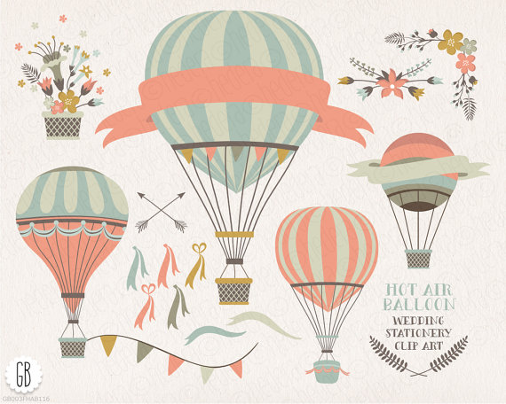 Свадьба - Hot air balloon, flower basket, floral wreaths, ribbons, crossed arrows, borders, laurels, wedding invitation, baby shower, vintage balloon