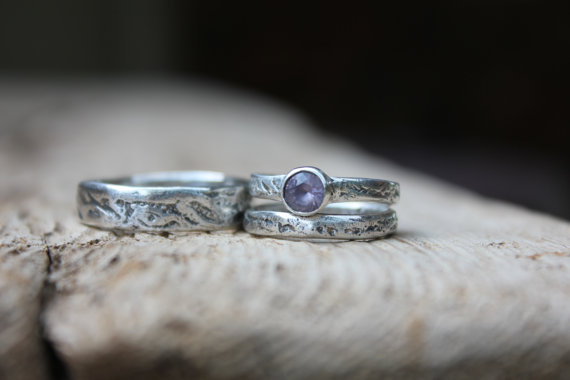 Wedding - unique engagement ring wedding bands set . purple spinel engagement ring . engraved messages . rustic river rock ring set by peacesofindigo