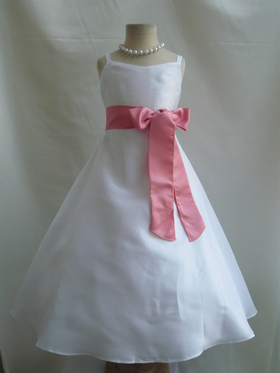 Hochzeit - Flower Girl Dress - White Classic Dress with Guava - Wedding, Easter, Junior Bridesmaid, Formal Girl Dress, Recital (FGCO8)