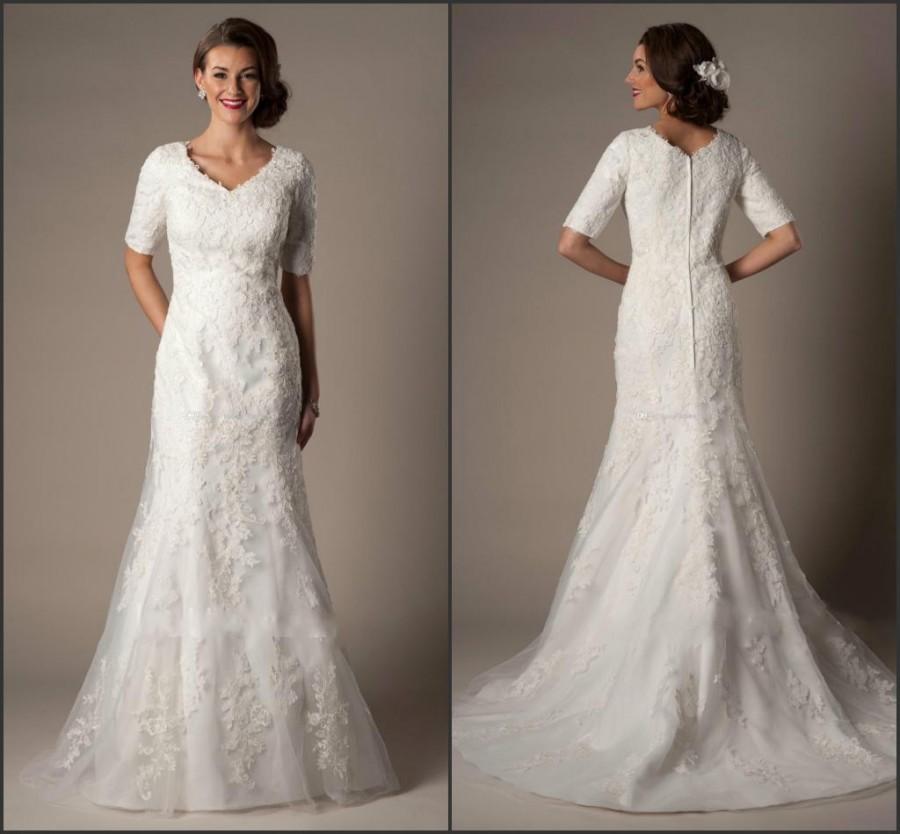 Wedding - Modest Custom 2015 A-Line Wedding Dresses Winter Bridal Gown V-Neck With 1/2 Half Sleeves Lace Applique on Tulle Satin Lining Zipper Back Online with $112.08/Piece on Hjklp88's Store 