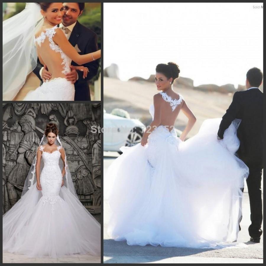 Wedding - 2014 Designer White Lace Applique Beading See Through Tulle Back Beach A-line Wedding Dresses With Removable Train Bridal Dresses Online with $111.27/Piece on Hjklp88's Store 