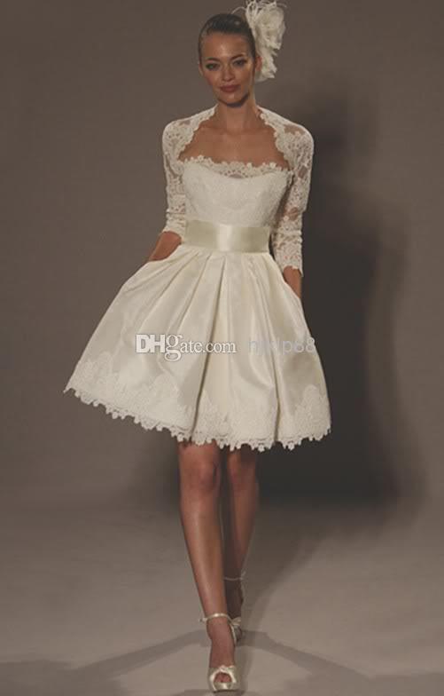 Свадьба - Strapless Satin Mini Ball Gown Short Litter Ivory Wedding Bridal Dresses With Elbow Sleeves Jcket Online with $70.25/Piece on Hjklp88's Store 
