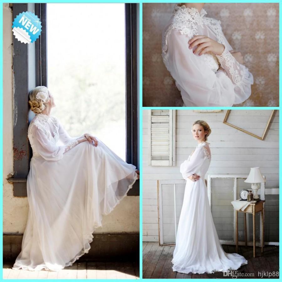 Свадьба - New Arrival ! 2014 Simple Graceful Flowing Vintage High Neck Long Sleeves Applique Chiffon A-line Sweep Train Wedding Dress Online with $92.73/Piece on Hjklp88's Store 