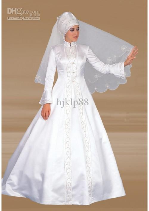زفاف - New Beautiful A-line Floor Length High-Neck Long Sleeve Dress Embroidery White Satin Church Muslim Wedding Dresses, $104.82 