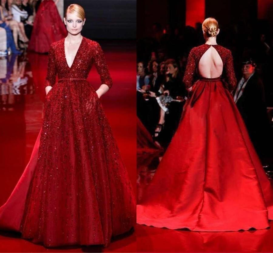 Mariage - 2015 Luxury Zuhair Murad Evening Dresses With Deep V Neck 3/4 Long Sleeves Beaded Satin Plus Size Red Backless Prom Dress Celebrity Party Online with $134.65/Piece on Hjklp88's Store 