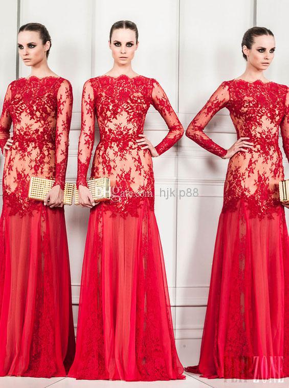 Свадьба - 2014 Sexy Sheer Appliqued Long Sleeve Zuhair Murad Evening Gowns Bateau Neckline Sheath Floor-Length Red Chiffon Prom Dresses, $123.85 