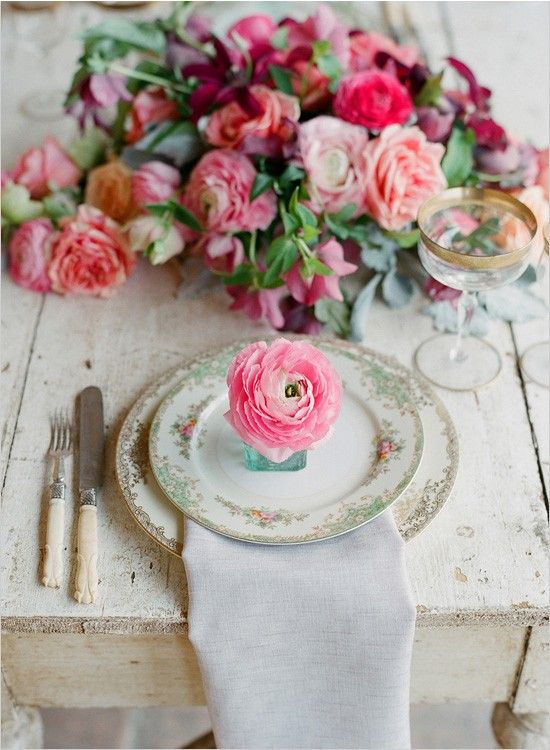 Wedding - I Love Everything About This Table. Mis-matched China, Bright Ranunculus, Super Cool Flatware!